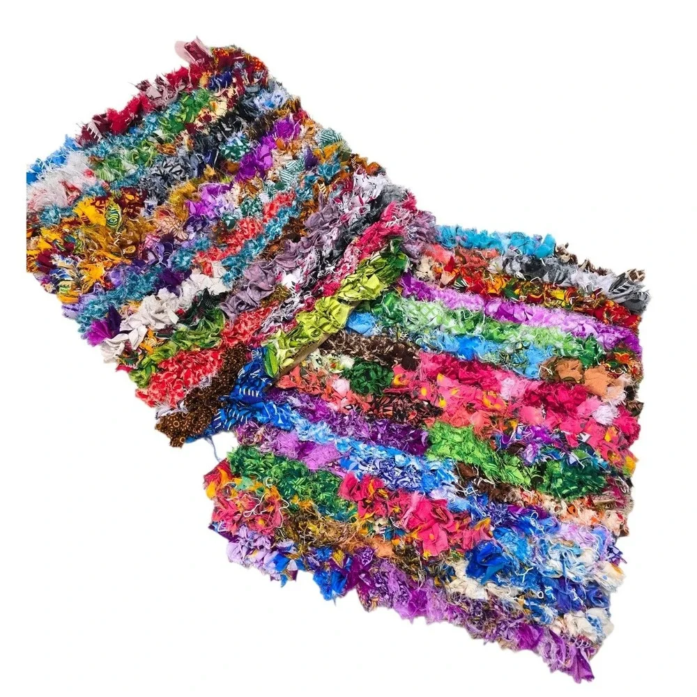 Set of 2 Boho Shaggy Rag Rug Pillow Covers Multi Color 18x18 Textured India